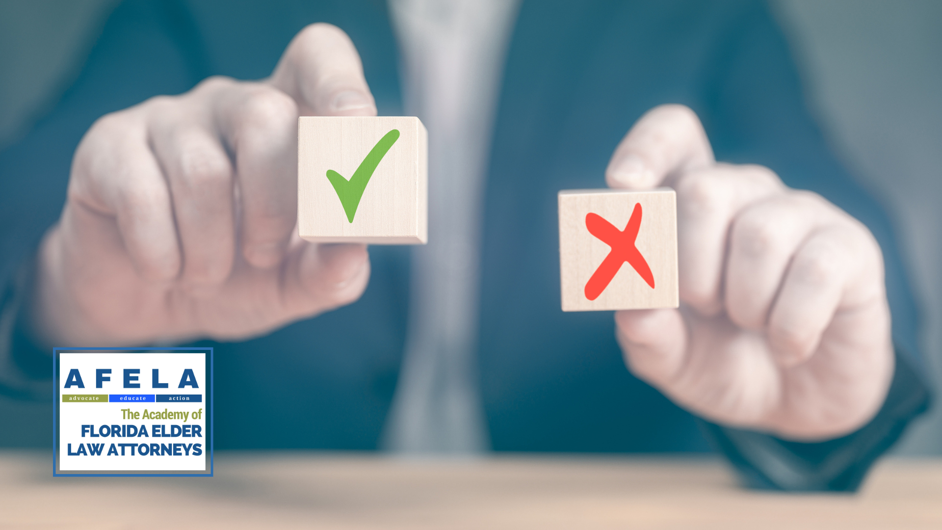 A man holding a green check mark and red x.